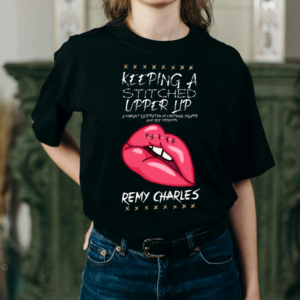 A femme presenting person wearing a black t shirt with the Keeping A Stitched Upper Lip cover on it. A laptop displaying a square sticker with the Keeping A Stitched Upper Lip Sticker on it. The shirt depicts a set of pink lips stitched across the top. Header font reads "Keeping A Stiched Upper Lip" followed by the subtitle: "A vibrant exploration of emotional collapse and self discovery." And Remy Charles' name at the bottom.
